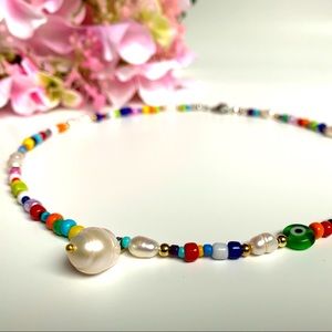 🤩Host Pick💝 Multi Coloured Beaded Necklace, Freshwater Pearl Pendant, 17 inch